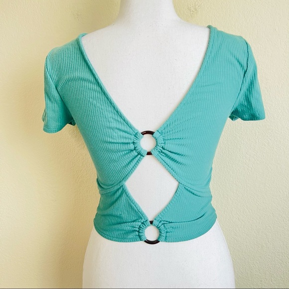 NWOT Teal Green Blue O-Ring Cutout Back Short Sleeve Crop Top - Picture 4 of 5